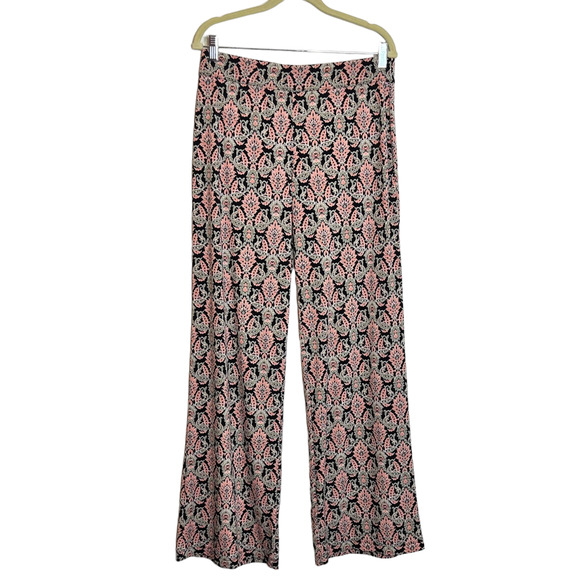 Max Edition Womens Pull On Pants Size Large Black Pink Floral Scroll Print Knit - Picture 1 of 6